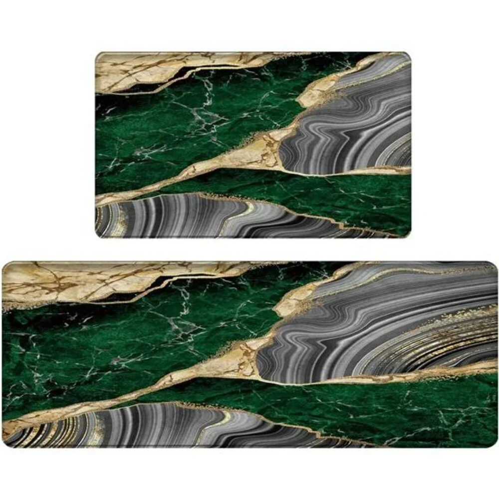 Green Marble Anti Fatigue Kitchen Mat Set Cushioned Waterproof Floor Runner